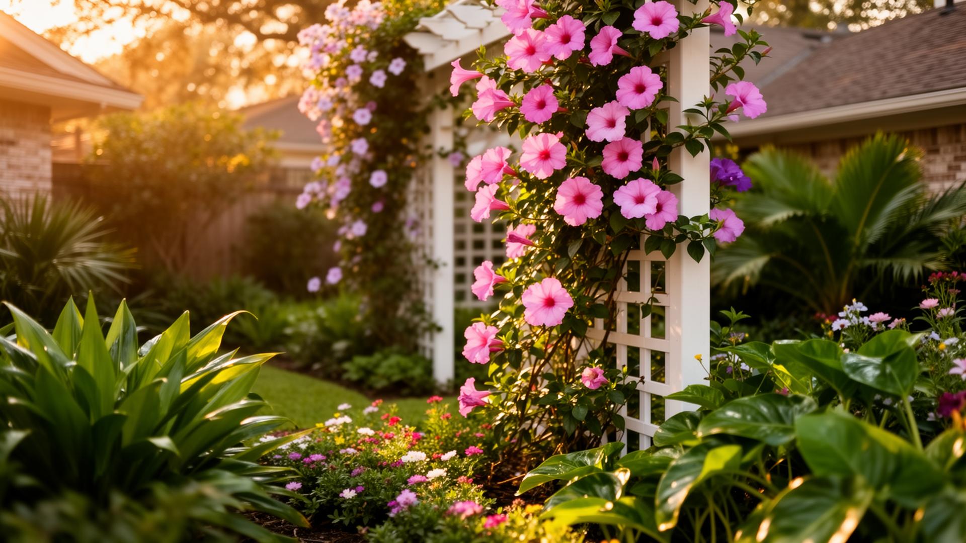 Lush Southeast Texas garden with mandevilla flowers